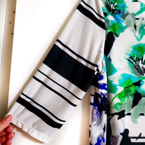 Studio One New York Cream & Black Striped Green Floral Print Midi Dress Medium - Picture 6 of 9